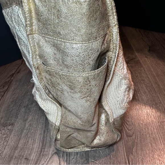 TORY BURCH Tote Bag Cable Knit METALLIC GOLD TRIM Wool Silk Lining Horse READ! - Picture 6 of 16